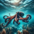 Octopus moves through the ocean currents, in clear waters Royalty Free Stock Photo
