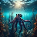 Octopus moves through the ocean currents, in clear waters Royalty Free Stock Photo
