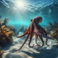 Octopus moves through the ocean currents, in clear waters Royalty Free Stock Photo