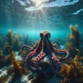 Octopus moves through the ocean currents, in clear waters Royalty Free Stock Photo
