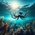 Octopus moves through the ocean currents, in clear waters Royalty Free Stock Photo
