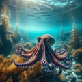 Octopus moves through the ocean currents, in clear waters Royalty Free Stock Photo