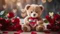 Cute teddy bear holding red crystal heart on table with roses Royalty Free Stock Photo