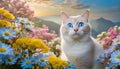 Ojos azules cat with blue eyes in floral field