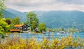 Lake Tegernsee on a summer day. View of the hotel above the lake Royalty Free Stock Photo