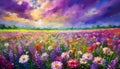 A vivid and colorful digital painting of a blooming flower field under a purple sky.