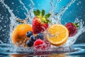 mix of fruits falling into water, with splashes, freshness, Generated image