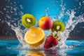 mix of fruits falling into water, with splashes, freshness, Generated image