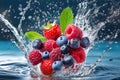 mix of red fruits falling into water, with splashes, freshness, Generated image