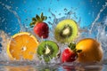 various fruits falling into water, with splashes, freshness, Generated image