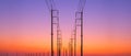 Silhouette two rows of electric poles with cable lines on curve road against colorful twilight sky background in panoramic view Royalty Free Stock Photo