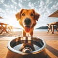 Panting dog drinks water from a metal bowl to quench thirst