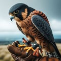 Beautiful scene of a falcon seated on falconer\'s gloved hand
