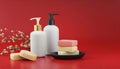 Bottles of shampoo and soap bars on red background with copy space Royalty Free Stock Photo