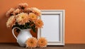 Blank frame and beautiful chrysanthemum flowers on orange background with copy space Royalty Free Stock Photo