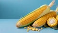 Cut fresh corn cobs on blue background with copy space