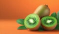 Fresh kiwi fruit on orange background with copy space