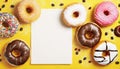 Sweet tasty donuts and blank paper sheet on yellow background with copy space Royalty Free Stock Photo