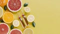 Top view of ampoules with Vitamin C and different citrus fruit slices on yellow background with copy space Royalty Free Stock Photo