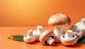 Fresh mushrooms on orange background with copy space