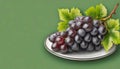 Plate with tasty ripe grapes on green background with copy space