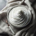 Bowl of whipped cream is nestled in fabric on surface