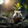 Generated image. Financial growth concept. Plant in a jar on coins