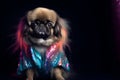 Pekingese dog puppy in disco neon glitter glam shiny glow sequin outfit Royalty Free Stock Photo