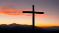 Crucifixion cross on a mountain at sunset Generated Image