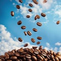 Coffee Beans Falling in Blue Sky, AI Generated Image