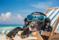 Black retriever dog with sunglasses is sleeping in a sun lounger on the beach Royalty Free Stock Photo