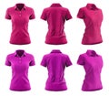 2 Set of woman magenta purple pink front, back and side view collar slim fit polo tee shirt on transparent, PNG Royalty Free Stock Photo