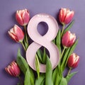 8 March card design with tulips on violet background, flat lay. International Women`s Day Royalty Free Stock Photo