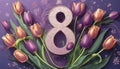 8 March card design with tulips on violet background, flat lay. International Women`s Day Royalty Free Stock Photo