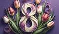 8 March card design with tulips on violet background, flat lay. International Women`s Day Royalty Free Stock Photo