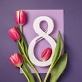 8 March card design with tulips on violet background, flat lay. International Women`s Day Royalty Free Stock Photo