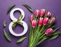 8 March card design with tulips on violet background, flat lay. International Women`s Day Royalty Free Stock Photo