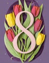 8 March card design with tulips on violet background, flat lay. International Women`s Day Royalty Free Stock Photo