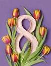 8 March card design with tulips on violet background, flat lay. International Women`s Day Royalty Free Stock Photo