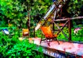 An impressionist painting style image of a garden with walkway bridge, chairs and plants