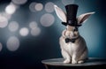 A cute bunny with a top hat and a bow tie sits on an old oval wood table