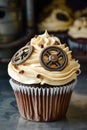 Steampunk decorated cupcake with buttercream icing and gears