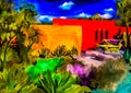 An abstract impressionist style image of a view over a town garden