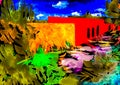 An abstract impressionist style image of a view over a town garden