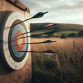 Archery target sits in field with several arrows making their mark Royalty Free Stock Photo