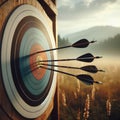 Archery target sits in field with several arrows making their mark Royalty Free Stock Photo