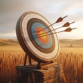 Archery target sits in field with several arrows making their mark Royalty Free Stock Photo