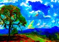 An impressionist painting style image of a large tree on a ridge