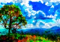 An impressionist painting style image of a large tree on a ridge