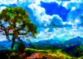 An impressionist painting style image of a large tree on a ridge
